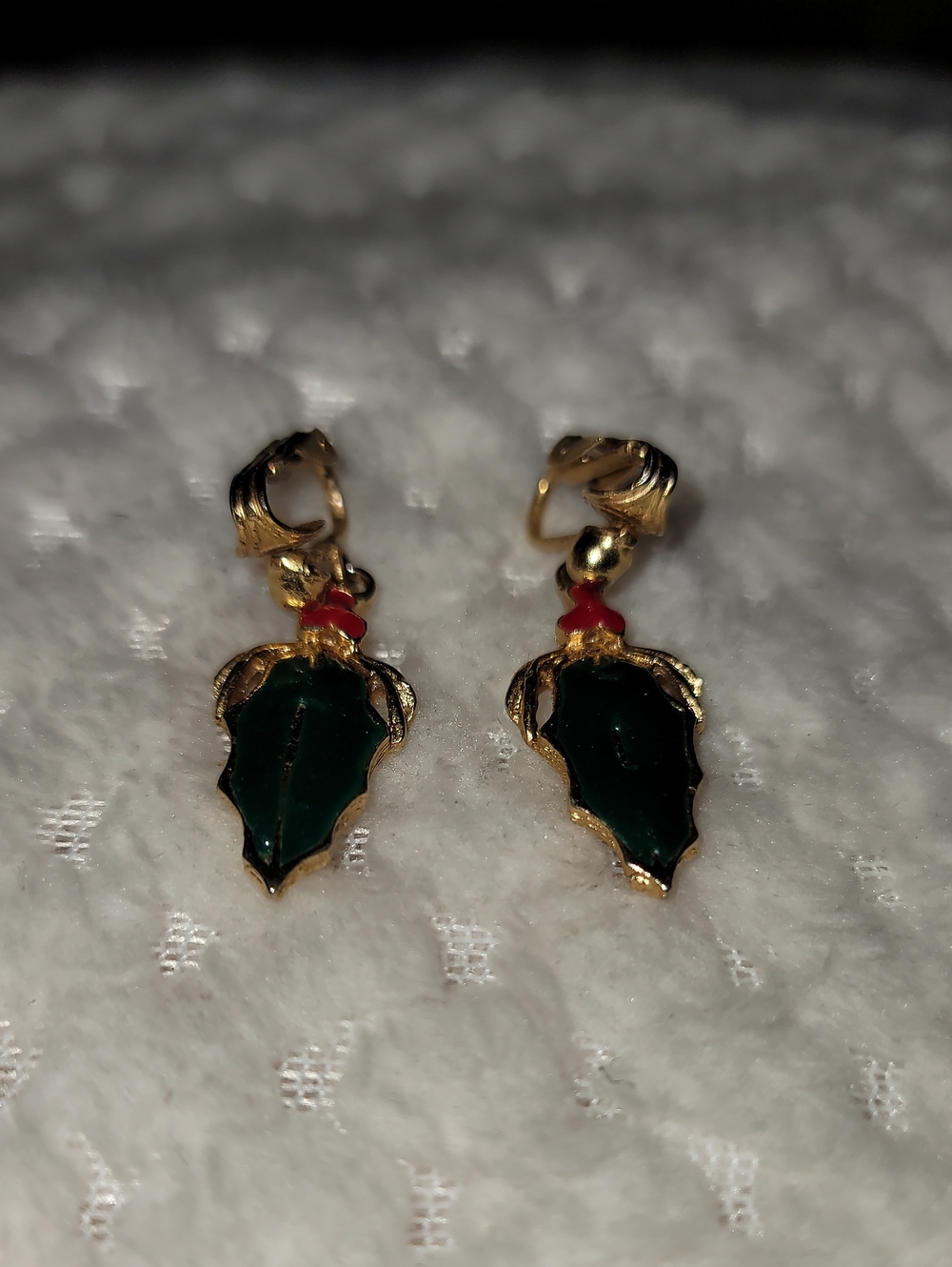 Gold-Tone Holly Green Leaf With Red Berry Drop Clip-On Earrings